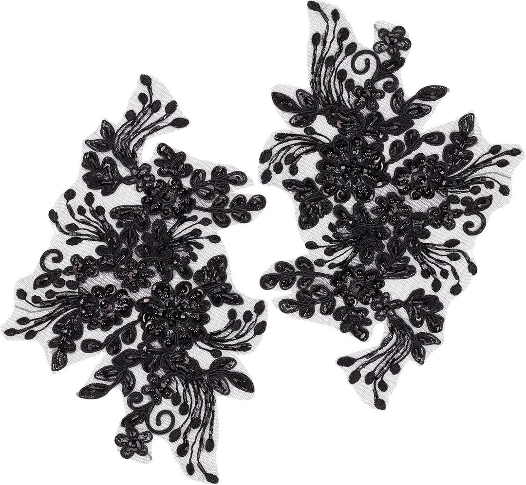 GORGECRAFT 2Pcs Pearl Flower Embroidery Lace Patches 3D Floral Black Floral Embroidered Sew on Appliques Lace Fabric Trimmings for Headpiece Clothing Bridal Accessories Supply Craft DIY