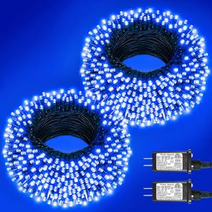 2 Pack Christmas Lights Outdoor, Total 200FT 600LED Christmas Tree Lights with 8 Modes Waterproof, Green Wire String Twinkle Lights for Indoor Home Garden Xmas Party Holiday Decorations, Blue