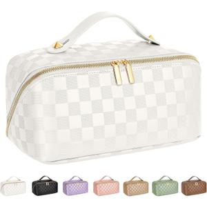 Large Capacity Travel Cosmetic Bag - Portable Makeup Bags for Women Waterproof PU Leather Checkered Makeup Organizer Bag with Dividers and Handle,Toiletry Bag for Cosmetics