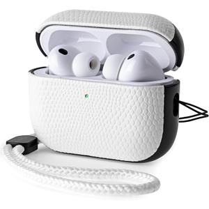 Leather Case for AirPods Pro 3 (3rd Gen 2025) with Adjustable Braided Lanyard, Luxurious Style Vegan Leather Protective Cover Case for AirPods Pro 3rd Generation, Rugged Hard Shell, White