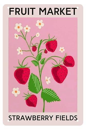 Fruit Market tin Sign, Strawberry Fruit Print, Kitchen Art Print, Food Art,Pink Home Decor, Dining Room,Retro Signs Home Decoration Gifts for Mom,Dad and Friends Metal Tin Sign 8×12 inch