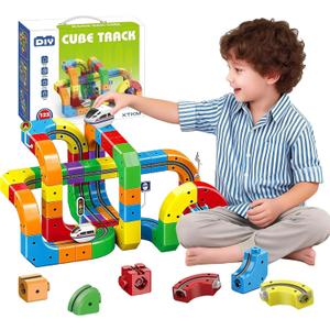 123PCS Magnetic Cube Track Train Set for Toddlers  3D Vertical STEM Building Block Rail  Electric Magnetic Train Set Toy for Boys & Girls Ages 3-8