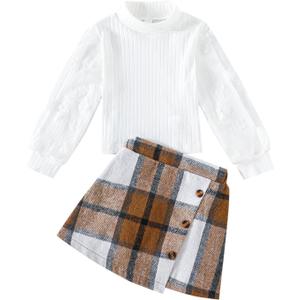 Girls Plaid Outfits Toddler Lace Sleeve Tops Plaid Mini Skirt Shorts Casual Winter Fall Dresses (2-3T, White)