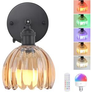 Vintage Battery Operated Wall Sconce with Amber Tulip Glass Lampshade Wireless Rechargeable Battery Powered Black Wall Light with Remote Control for Bedside Bedroom Doorway