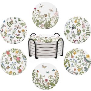 Cute Coasters for Drinks, Vintage Flora Coasters Set of 6, Plant Flowers Round Absorbent Ceramic Stone Coaster with Cork Base, Vintage Outdoor Coster Modern Cool Floral Tea Cup Boho Coaster, 4 inches