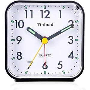 Tinload Small Battery Operated Analog Travel Alarm Clock Silent Non Ticking, Gentle Wake, Ascending Beep Sounds, Snooze,Lighted on Demand, Easy Set(Black)