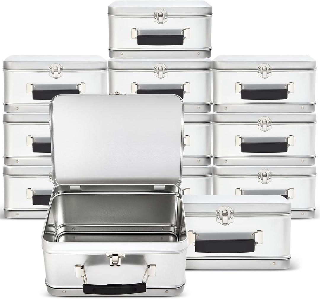 Rtteri 12 Pack DIY Lunch Box Tin Retro Set 8 x 6 x 4 Inches with Hinged Lids DIY Large Box for Storage Blank Design Vintage Metal Lunchbox for Kids Sandwich Containers (White)