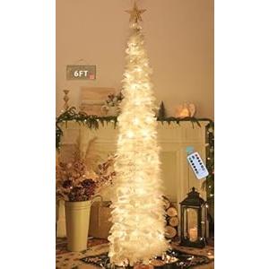 HMASYO 6 FT Pop Up Christmas Tree with 100 LED Lights & Remote, White Christmas Tinsel Tree, Collapsible Artificial Pencil Tree for Home Office Party Decor, USB Powered Timer Lights, Easy Assembly