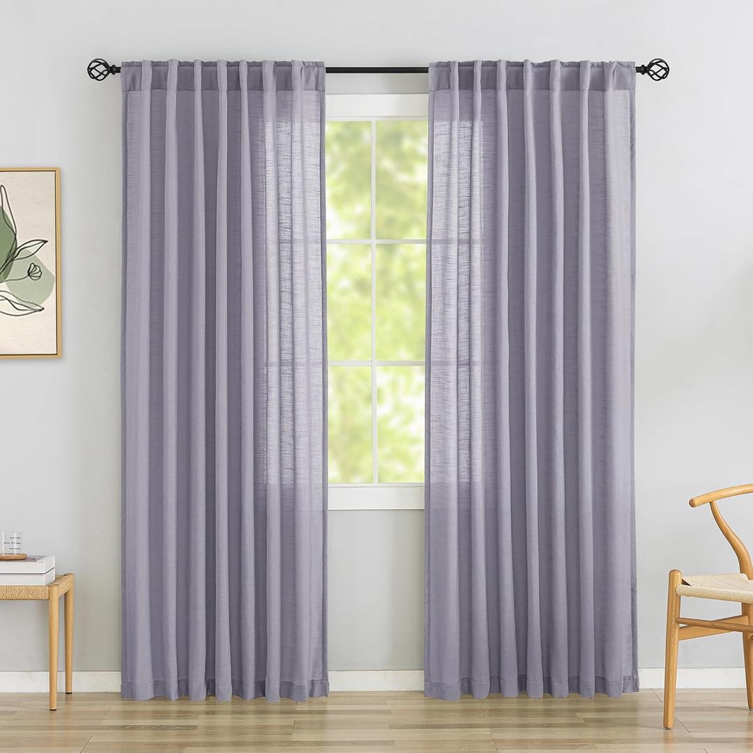Lavender Purple Linen Back Tab Curtains 90 Inches Long 2 Panels Set for Dining Cottage- Soft Light Weight Airy Semi Privacy Sheer Curtains Hooks Rod Pocket Light Filtering Curtains 52 x 90 Inch Length