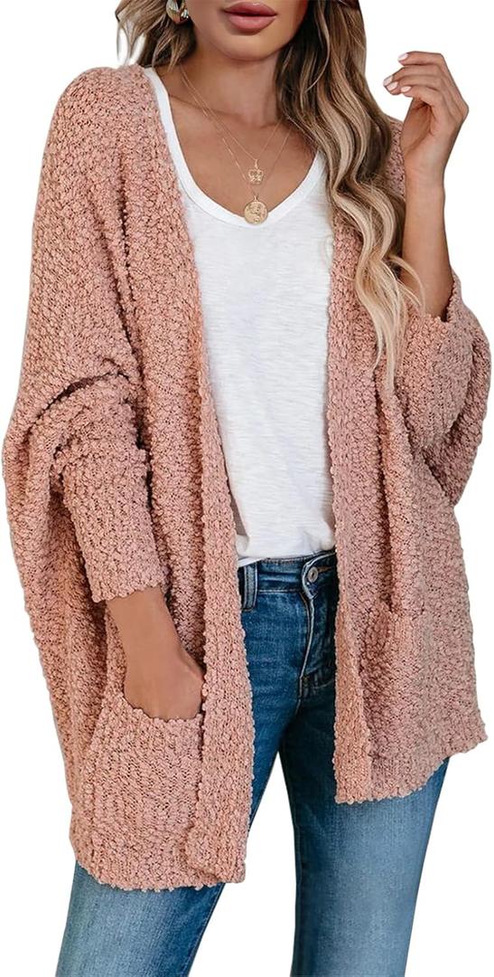 Saodimallsu Women's Chunky Popcorn Cardigan Oversized Open Front Boyfriend Batwing Long Sleeve Fuzzy Knit Sweaters (Pink), S