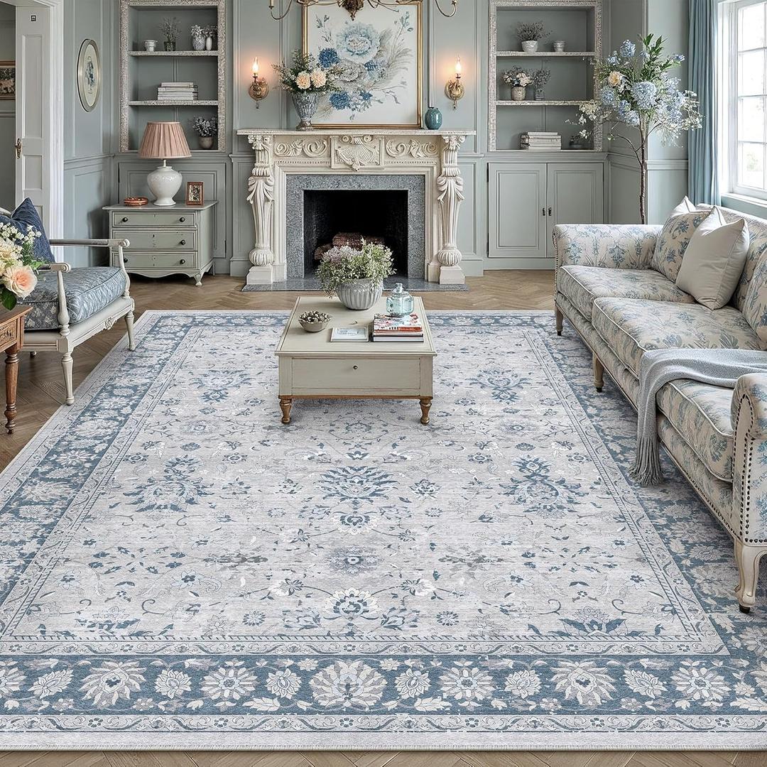 PureCozy 8x10 Area Rug Blue Washable Vintage Carpet Living Room Bedroom Large Non Slip Stain Soft Resistant Low Pile Thin Boho Accent Indoor Throw Rug for Dining Room Office