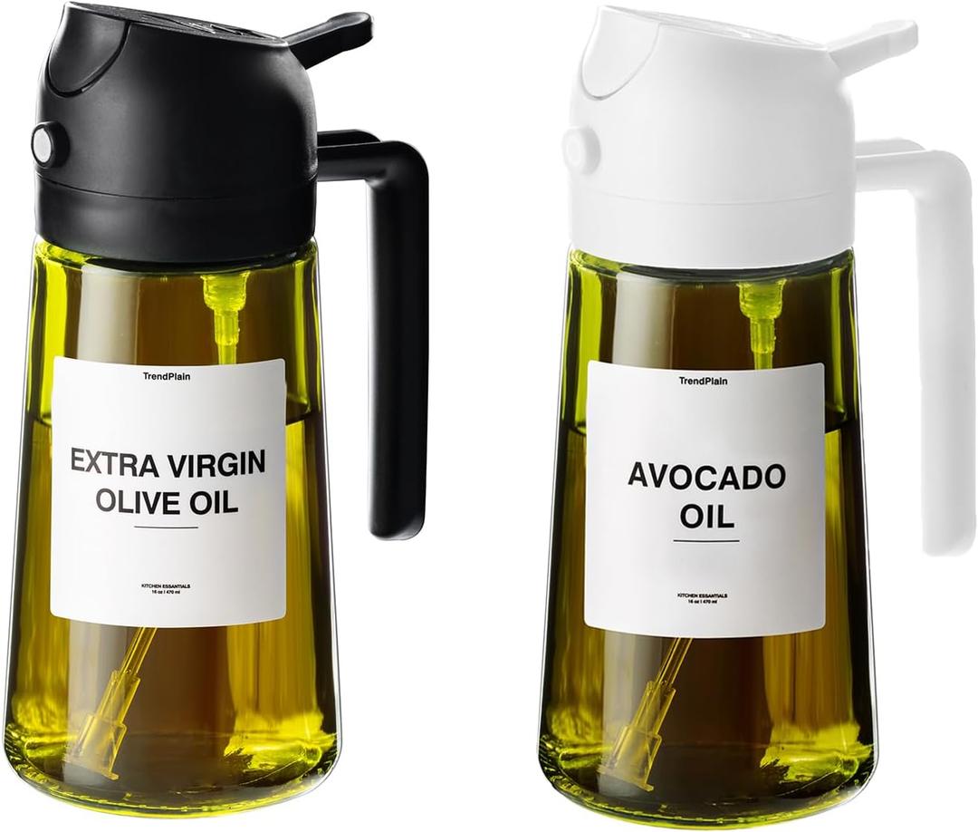 TrendPlain - Original 16oz/470ml Olive Oil Dispenser Bottle for Kitchen Gadgets and Air Fryer Accessories - Olive Oil Sprayer for Cooking w/Stickers - Black&White