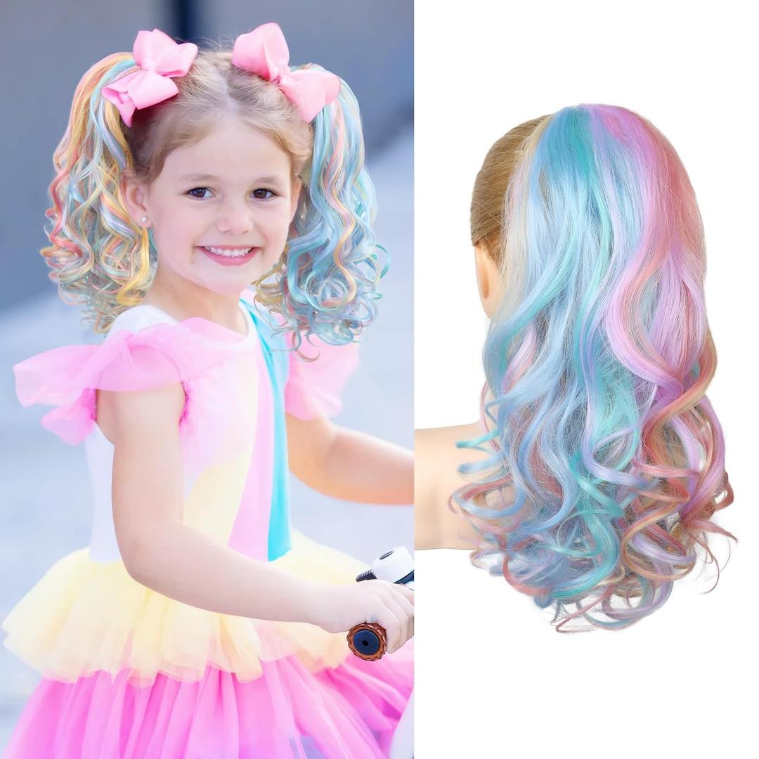 SEIKEA Ponytail Extension, 16" Lightweight Wavy Curly Clip in Hair Extensions, Colored for Kids, Crazy Hair Day Accessories for Girls Synthetic Hairpiece Pastel Rainbow