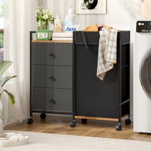 Laundry Hamper with Wheels, Laundry Sorter with Shelf and 3 Drawers, Total Capacity 123L/32.5 Gal (3 Drawers+Bags), Laundry Cabinet with Fabric Detachable Bags, Clothes Hampers for Bedroom Bathroom