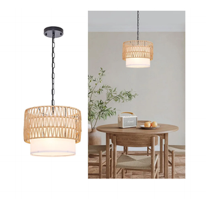 3-Light Hand-Woven Rattan Pendant Light Vintage, Farmhouse Boho Bamboo Pendant Lighting Fixture Small Retro Drum Wicker Rattan Pendant Light for Kitchen Island, Dining Room, Bedroom