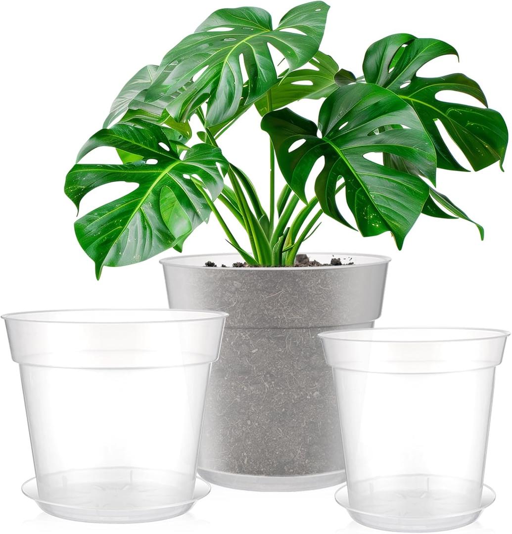 Baderke 3 Pack Clear Nursery Pot Plastic Nursery Pot Large Plant with Drainage Holes for Root Health Indoor Outdoor (8 Inches,9.25 Inches,9.6 Inch)