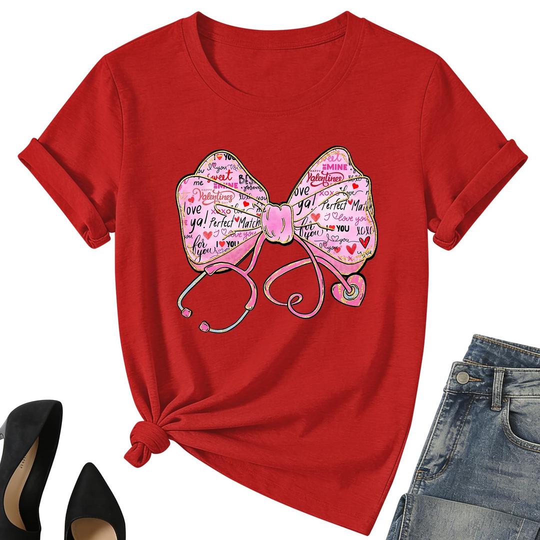 Valentines Nurse Shirt for Women-Valentines Day Bow Short Sleeves Funny Nursing School Tee Tops (Red, XXL)