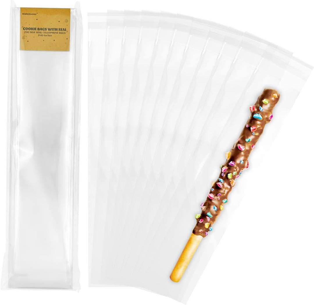 EKAPACKAGING 200Pcs 2x10 Inches Self Sealing Cellophane Bags Clear Pretzel Rod Bags for Treat, Candy Melts, Cookie, Popsicle, Ice Pop