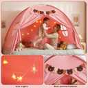 Full Size Bed Tent for Kids, Girls Bed Tent Canopy Dream Playhouse Breathable Sleeping Tent Privacy Space Pink Tent with Stars Light & Flags, Toddler Indoor Floor Play Tent, Birthday Children's Gift, 77x55x52"