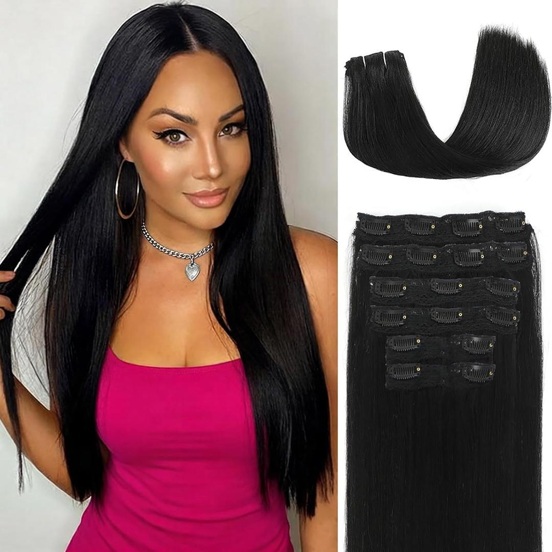 Yaki Straight Clip in Hair Extensions Real Human Hair 20Inch 120g 6Pcs Seamless Human Hair Clip in Extensions for Women Clip ins Hair Extensions Double Weft (Black, 20 Inch)