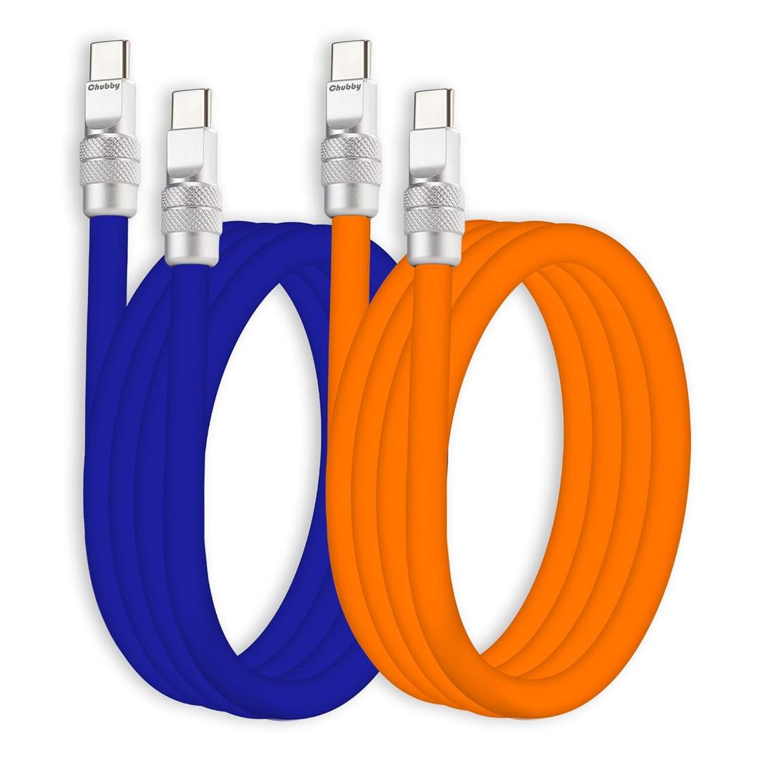 chubbycable Couple Chubby 2-Pack 240W USB C Cable Extra Thick Silicone Fast Charging Cable Compatible with iPhone 17-15 Series iPad Galaxy Series, Dark Blue+ Orange, Type-C to Type-C, 4.9FT