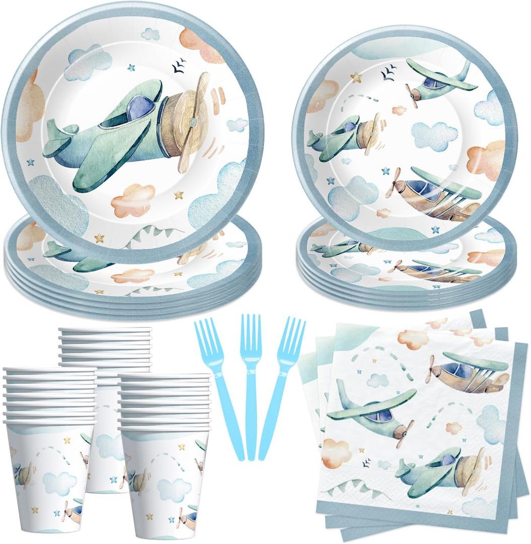 Airplane Birthday Party Supplies - Airplane Decorations Tableware, Paper Plate, Cup, Napkin, Fork, Baby Shower Dinnerware | Serve 24