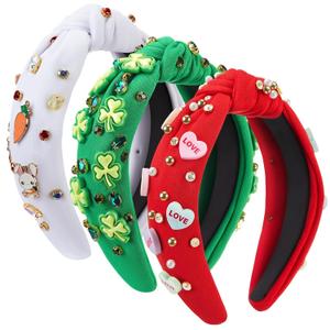 3 Pcs Valentine's Day Heart Headband St. Patrick's Day Easter Beaded Headband Crystal Rhinestone Knotted Design Hair Accessories for Women