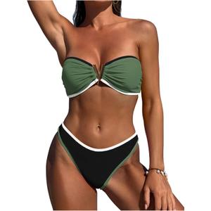 ZAFUL Women's Bandeau Bikini V Strapless Confetti Colorblock Tie Back High Cut Two Piece Swimsuit Bathing Suits (1-Army Green, S)