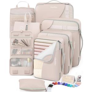 8 Set Packing Cubes for Travel, Gifts for Women Mom,Anti-Tearing Suitcase Organizer for Luggage with Shoe & Hanging Toiletry Bag,OlarHike Vacation Essentials & Accessories for Cruise Ship (01 Beige)