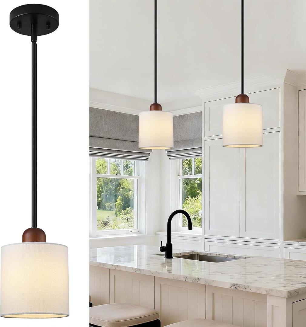 5.9" Drum Pendant Light with White Fabric Shade Modern Hanging Pendant Light Fixture| Adjustable Semi Flush Mount Kitchen Island Dining Room Bedroom Black 2 Pack