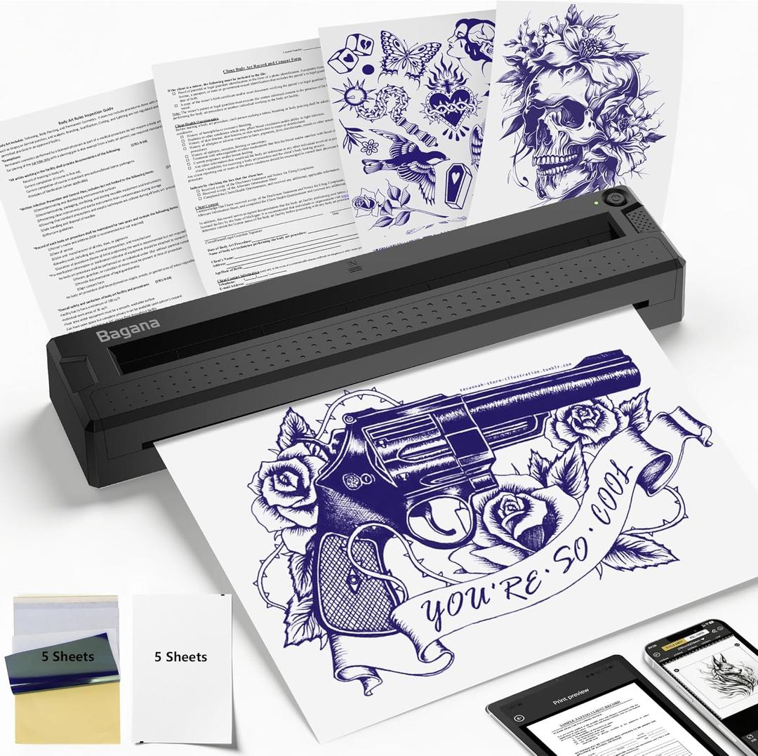 Bagana Tattoo Stencil Printer, 2-in-1 Wireless Bluetooth Thermal Printer for Tattoo Stencils & Documents, Portable Temporary Tattoo Transfer Machine Kit for Tattoo Artist & Beginner, Black