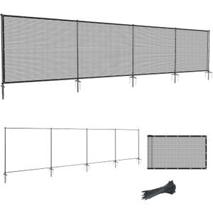 SunnyRoyal 5' x 24' Privacy Fence Screen Panel with Iron Poles Freestanding No Dig Heavy Duty Windscreen Mesh Fabric Temporary Dog Fencing for Outdoor Backyard Patio Garden (Light Gray)