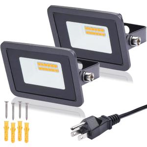 MIWAT 2Pack 10W Plug in LED Flood Light, Warm White LED Work Light, IP68 Waterproof Outdoor Floodlights for Terraces, Studios, Pathway