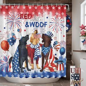 MEHOFOND 4th of July Shower Curtain Red White and Blue Patriotic Shower Curtain for Bathroom Independence Day Cute Dog Home Bathtub Decor Fabric Waterproof Bath Curtain with 12 Hooks 72x72 Inch