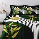 Nesker Comforter Set Queen Size, Green Boho Golden Leaves 7 Pcs Bedding for Kids and Adults, Mid Century Abstract Bed Sheet Sets with Fitted Sheet 2 Pillowcases & 2 Shams