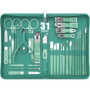 Manicure Set Personal Care, Nail Clipper Kit, Professional Nail Clipper Pedicure Set, Nail Tools with Luxurious Travel Case, Gifts for Men Women Family Friend, 31 Pieces (Green)