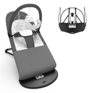Portable Baby Bouncer Seat for Babies 0-18 Months, 100% Cotton Fabrics, Adjustable Multi Position Baby Bouncer Seat, Infant Rocker Chair with Hanging Plush Animals-Dark Grey