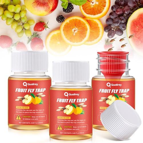 Qualirey 3 Pack Fruit Fly Traps for Indoors, Fruit Fly Killer and Catcher, Trap Refill Liquid for Home & Kitchen, Non Toxic Safe Near Food, Effective Lure Refill for Indoor Use