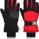 Geyoga Kids Waterproof Winter Snow Ski Gloves for Boy Girl Outdoor Warm Thickening Snowboard Gloves (6-10 Years, Red)