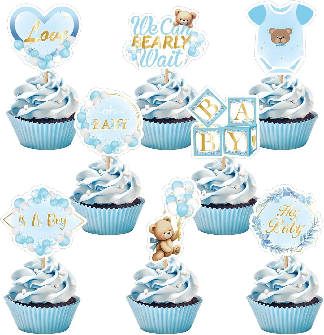 Weecent 48 Pcs We Can Bearly Wait Cupcake Toppers Bear Baby Shower Decorations Bear Cupcake Toppers Blue Baby Shower Cake Decorations for Boys Birthday Party Supplies
