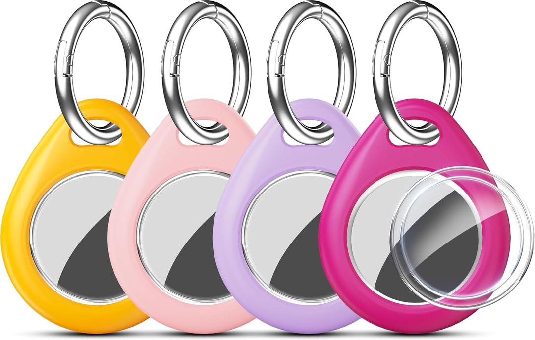 RFUNGUANGO Compatible AirTag Holder Air Tag Keychain Protective Case - 4 Pack Air Tag Protective Case with Metal Keychain for Kids, Pets, Luggage, Backpacks, Keys, Yellow,Pink,Purple,Rosered