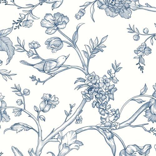 Safiyya Blue and White Wallpaper 393"x17.3" Floral Birds Peel and Stick Wallpaper Removable Contact Paper Peel and Stick White Contact Paper for Walls Vinyl Rolls