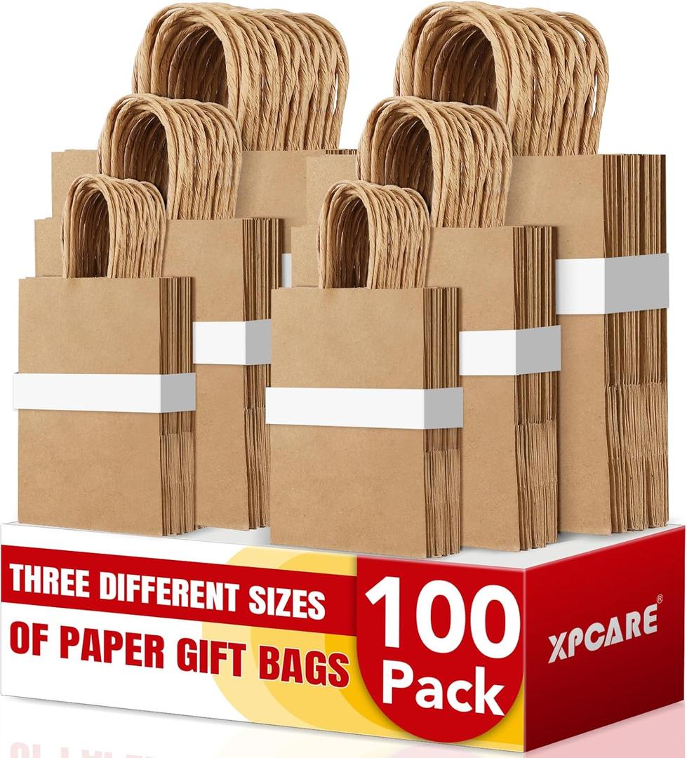 XPCARE 100PCS Brown Paper Bags with Handles, Three Different Sizes of Bulk Brown Gift Bags 5.25x3.25x8.25 & 8x4.5x10 & 10x5x13 Inch Grocery Retail Kraft Paper Bags for Party Birthday Shopping Takeaway