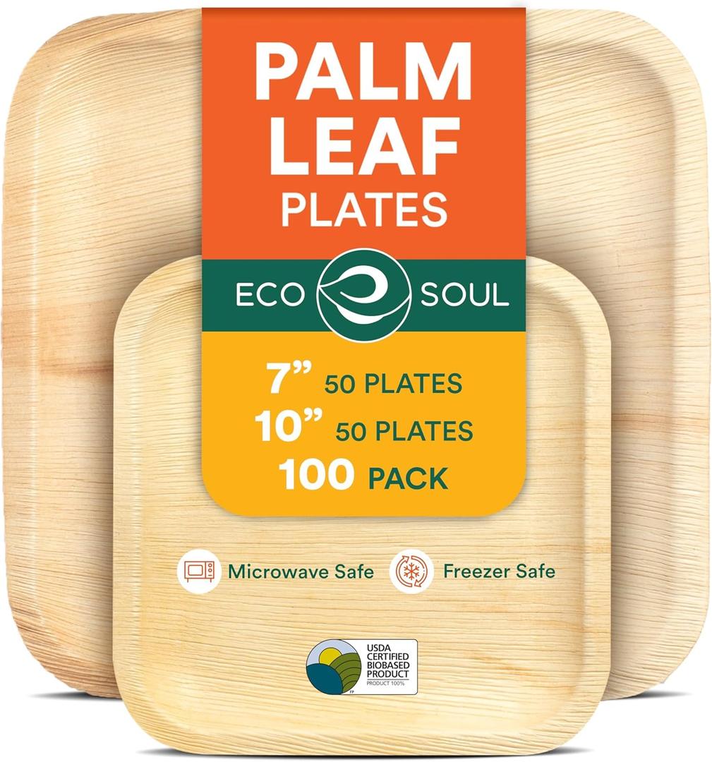 ECO SOUL Palm Leaf Square Plates 7" & 10" (100 Count) Compostable| Biodegradable| Eco-Friendly Disposable Party Plates for Appetizers - Thanksgiving Dinner Parties, Wedding & Events