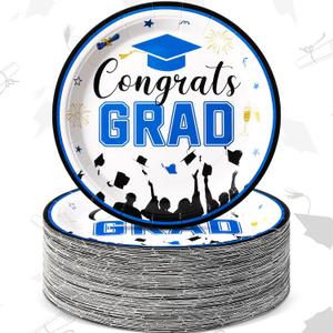 Sabary Blue Black 100 Pcs 2026 Graduation Paper Dessert Plates Bulk 7 Inch Graduation Party Supplies Plates Class of 2026 Decorations Congrats Grad Disposable Plate Tableware (Stylish)