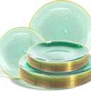 Lullaby 60pcs Green Plastic Plates with Gold Rim, Includes 30pcs Dinner Plate 10'' and 30pcs Clear Dessert Plate 7.5'', Green Disposable Plastic Plates for Parties, Birthdays and Wedding