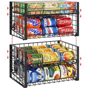 2 Pack Stackable Can Organizer for Pantry, Adjustable Can Holder Rack for Canned Food Soda Drink Goods Storage up to 60 Cans Storage, 2-Tier, Black