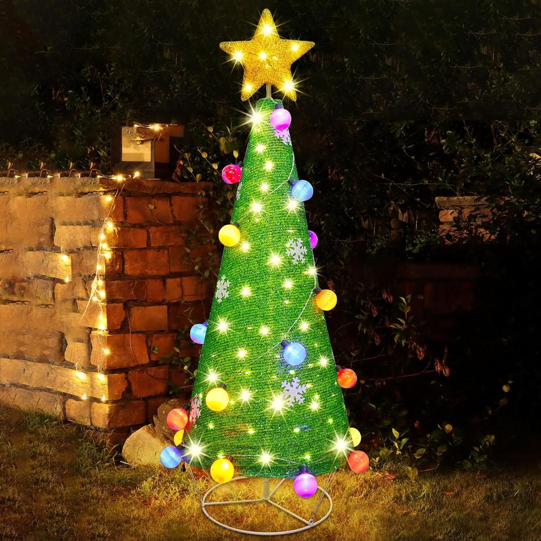 Lulu Home Collapsible Christmas Tree, 110 LED Lighted Fabric Cone Xmas Tree with Star Topper & Balls, Plug-in Foldable Indoor/Outdoor Yard Decor
