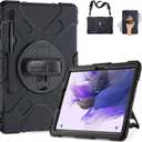 SUPFIVES Case for Samsung Galaxy Tab S7 FE/ S8 Plus 12.4 Inch: [Upgraded Military Grade] Full-Body Rugged Protective Soft Silicone Cover - Kick Stand- Handle/Shoulder Strap- S Pen Holder- Black