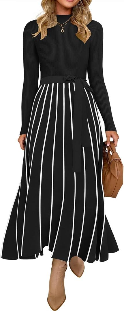 ZESICA Womens 2026 Spring Turtleneck Long Sleeve Sweater Dress Tie Waist Casual Loose Ribbed Knit A Line Midi Dresses Black, Small